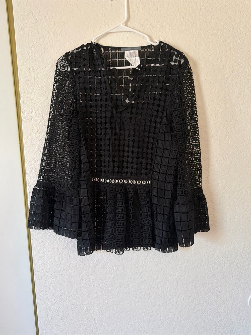 Alberta Ferretti Black Crochet Peplum Blouse. PTP 17in
